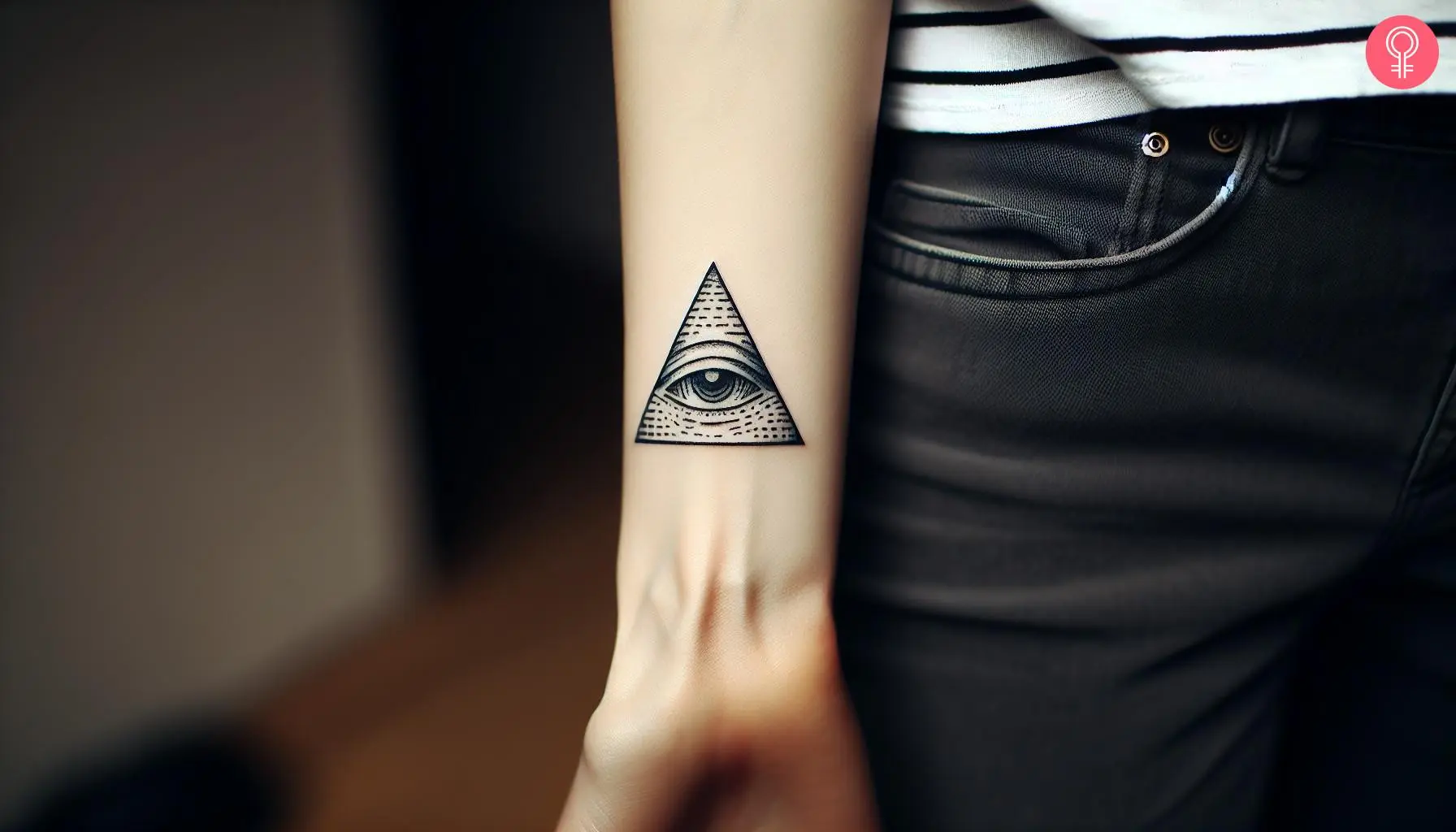 A minimalist Illuminati pyramid tattoo on the forearm