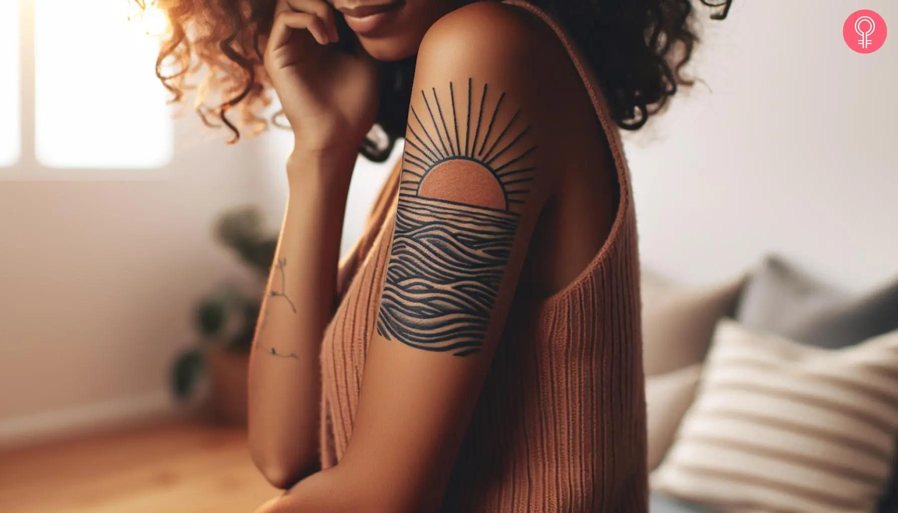 A minimalist and bohemian-inspired beach sunset tattoo