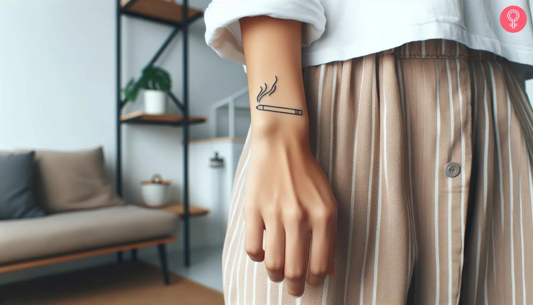 A minimalist cigarette tattoo on the wrist