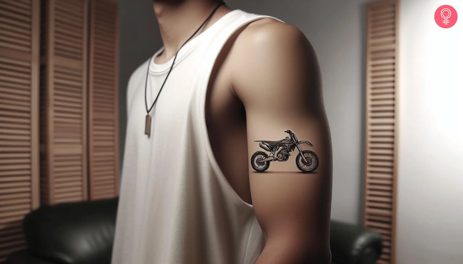 A minimalist dirt bike motocross tattoo on the upper arm