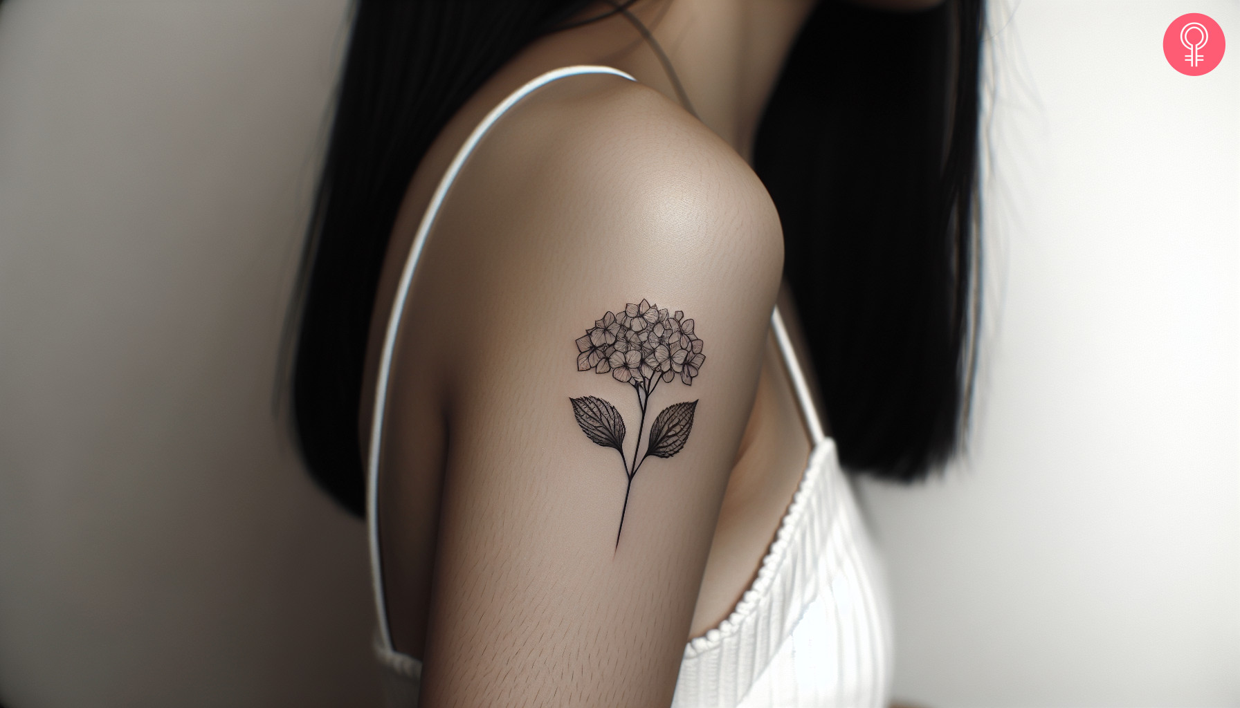 A minimalist hydrangea tattoo on the upper arm of a woman