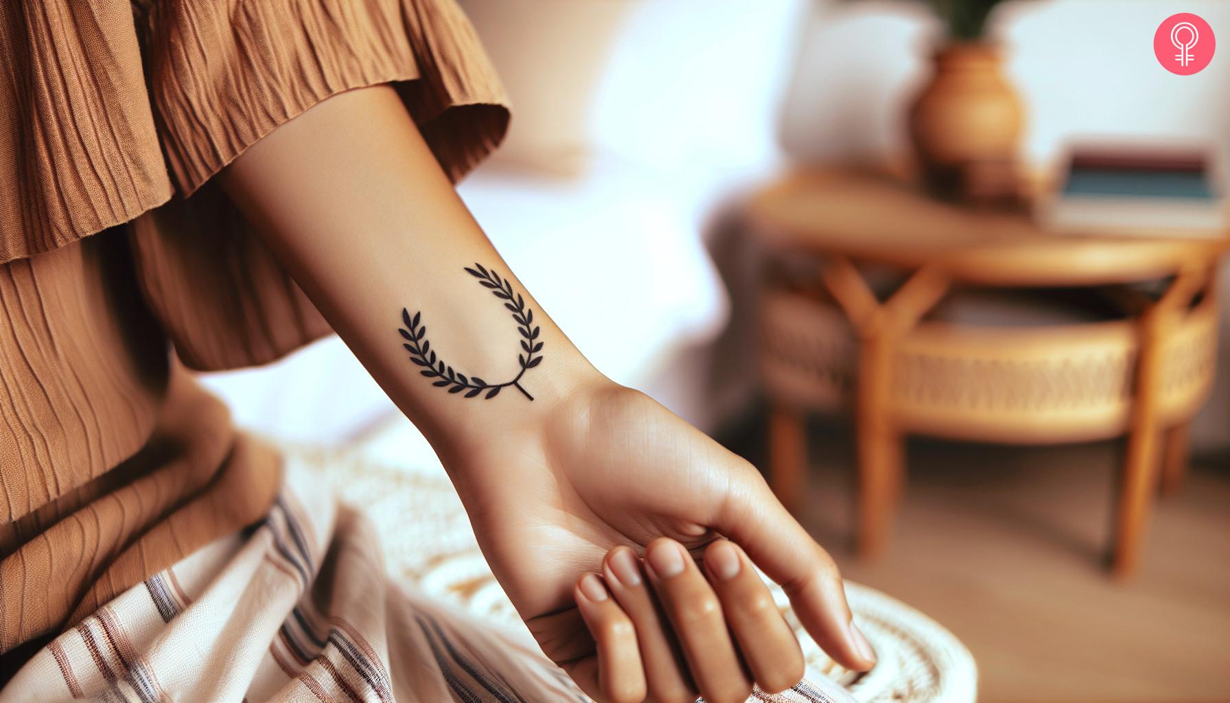 A minimalist laurel wreath tattoo on a woman’s wrist