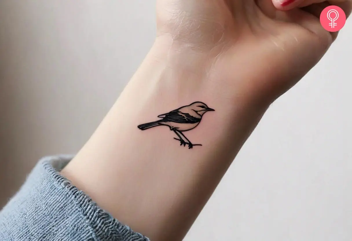 A minimalist mockingbird tattoo on a woman’s wrist