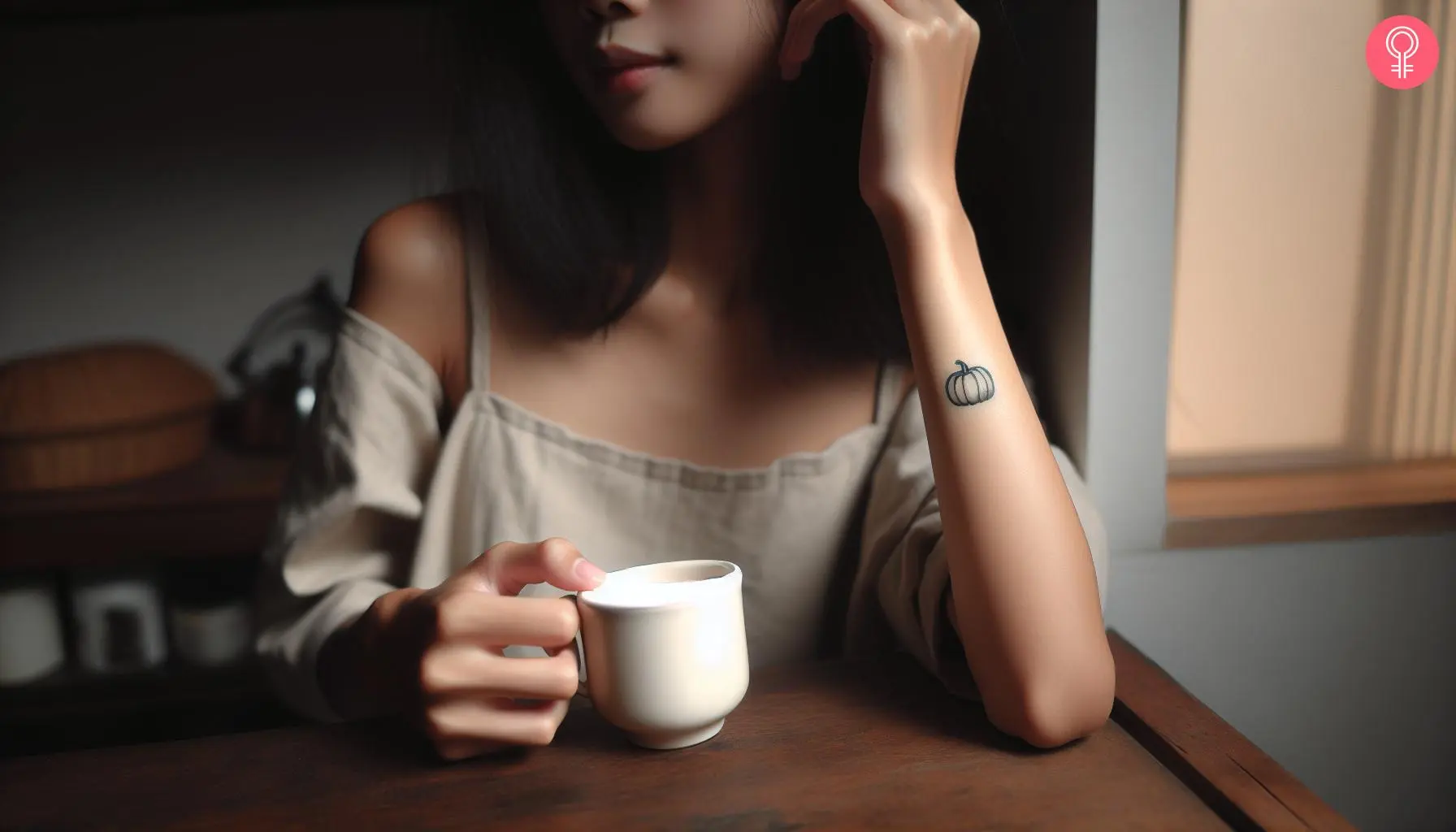 A minimalist pumpkin tattoo on the forearm of a woman