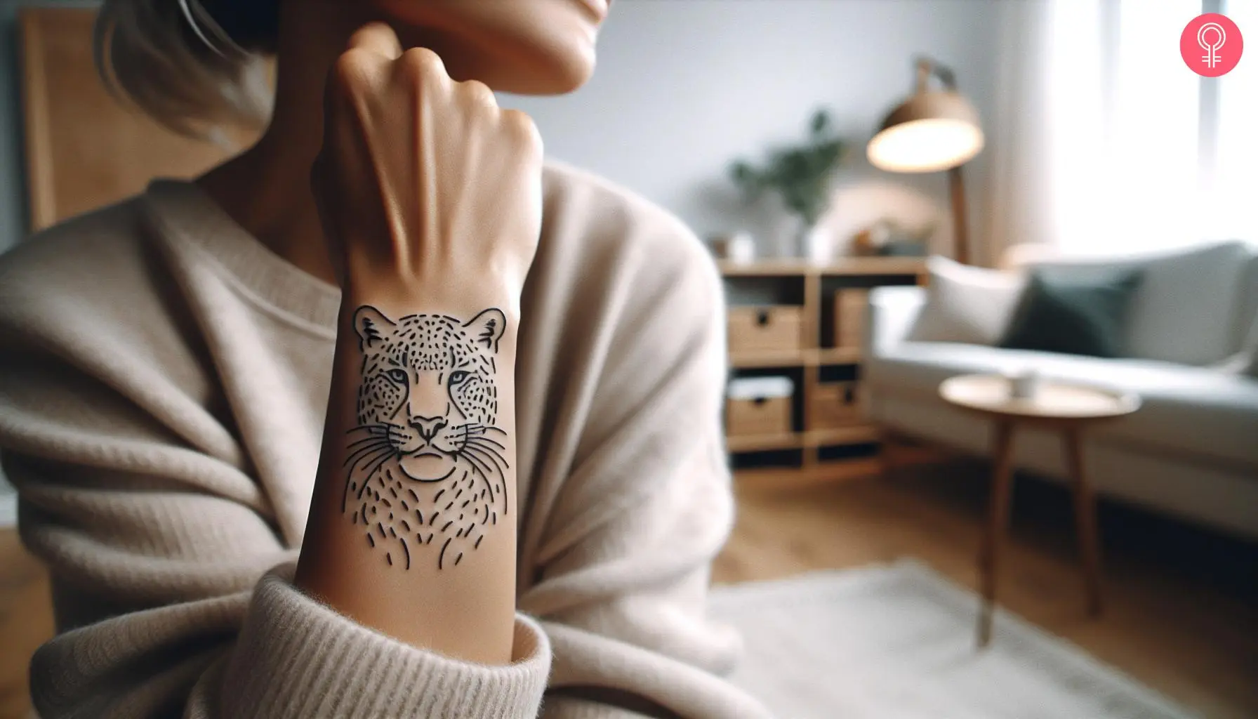 A minimalist snow leopard tattoo on a woman’s wrist