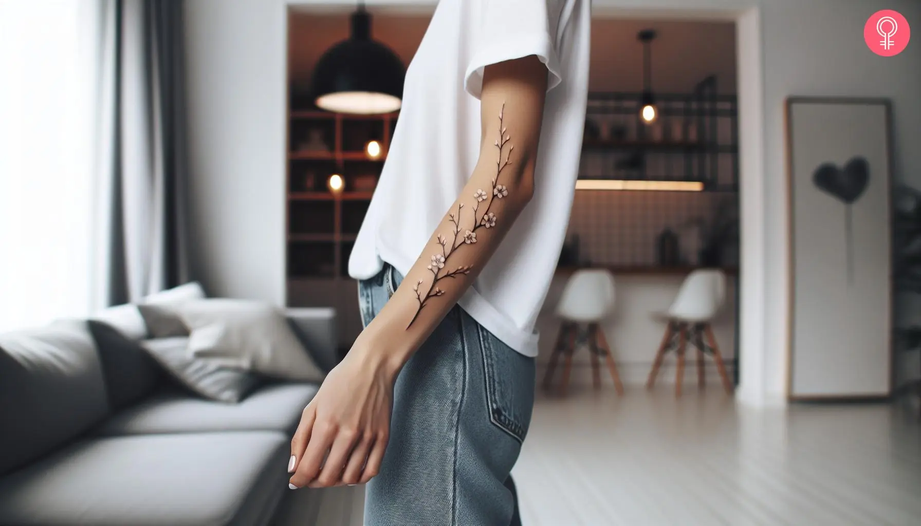 A minimalist tree branch tattoo on the arm of a woman