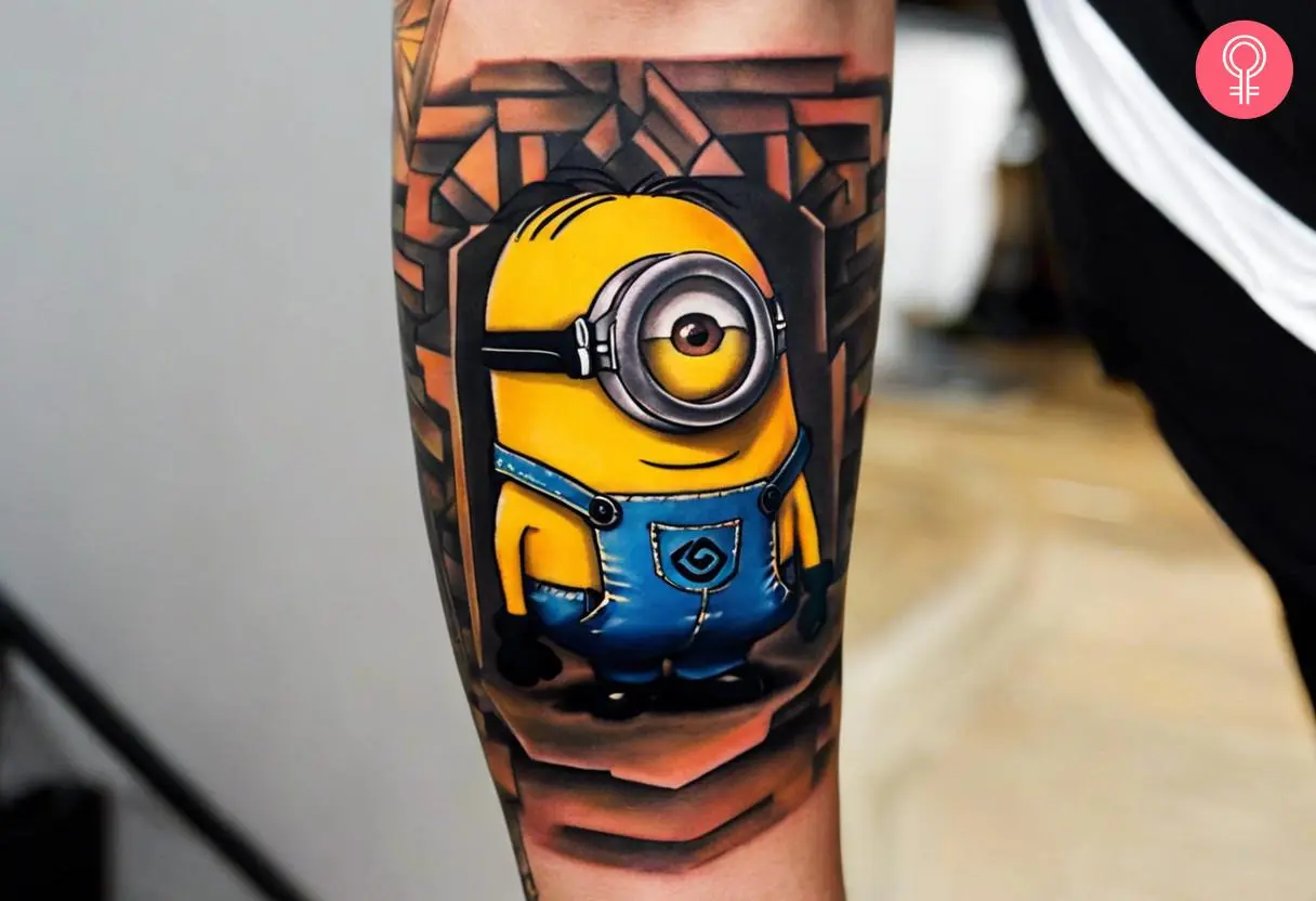 A minion tattoo sleeve on the arm of a man