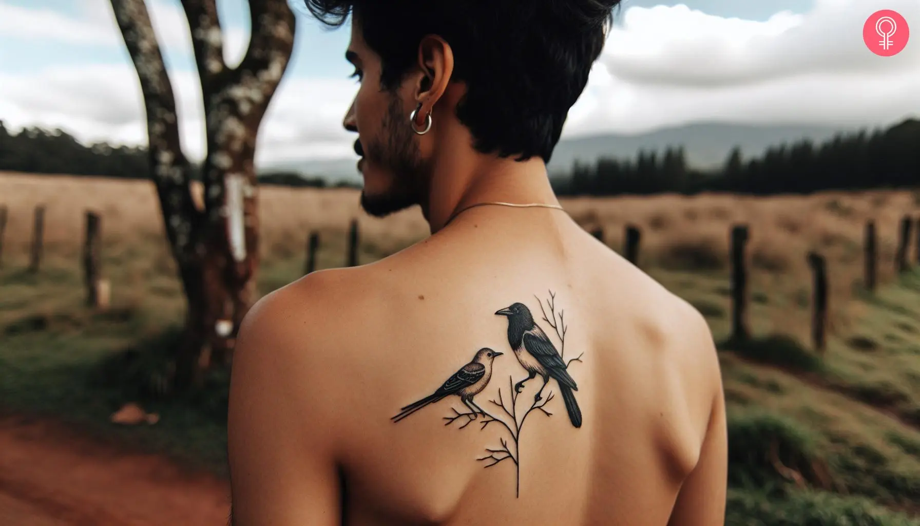 A mockingbird and crow tattoo on a man’s upper back