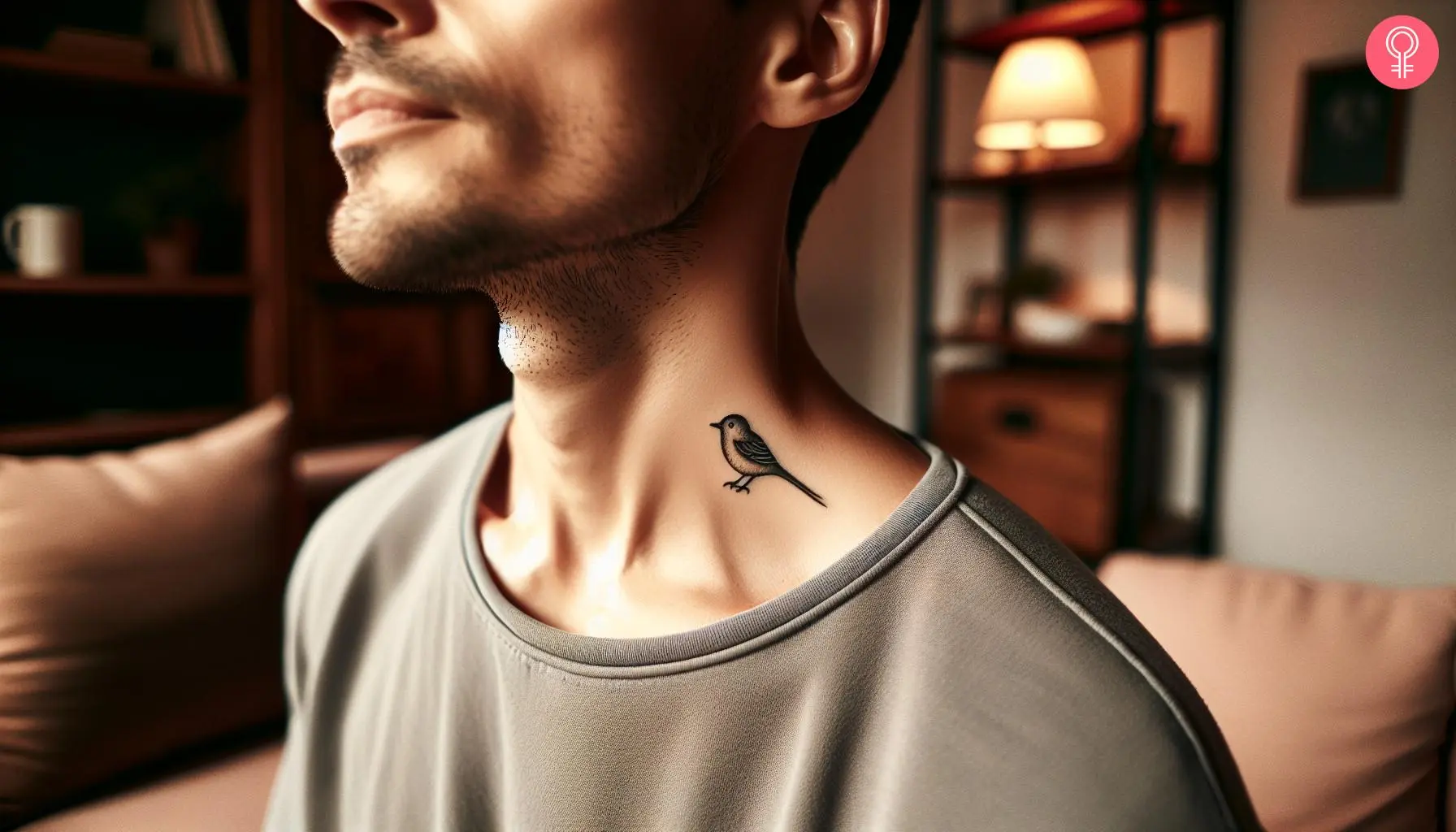 A mockingbird tattoo on a man’s neck