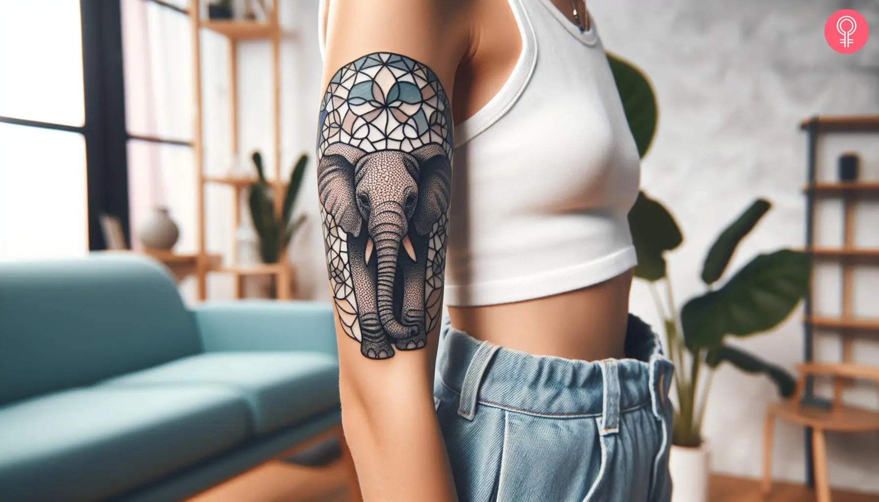 A mosaic elephant tattoo on the upper arm