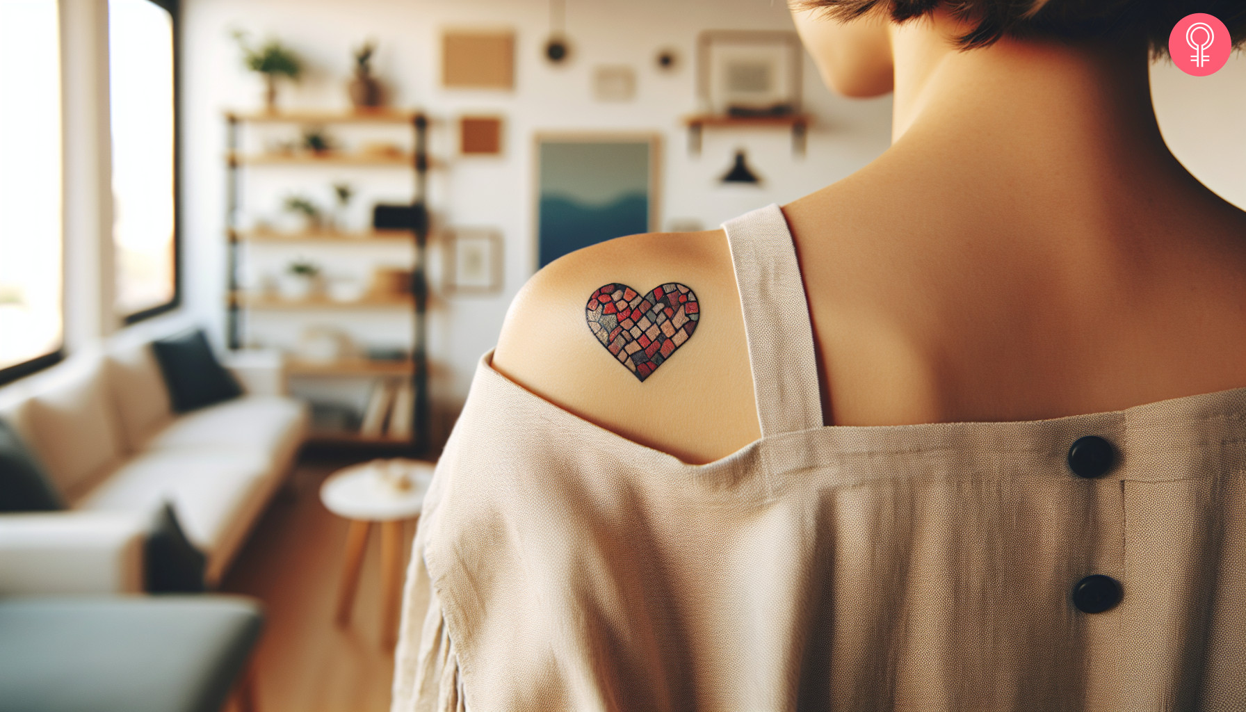 A mosaic heart tattoo on the back of the shoulder