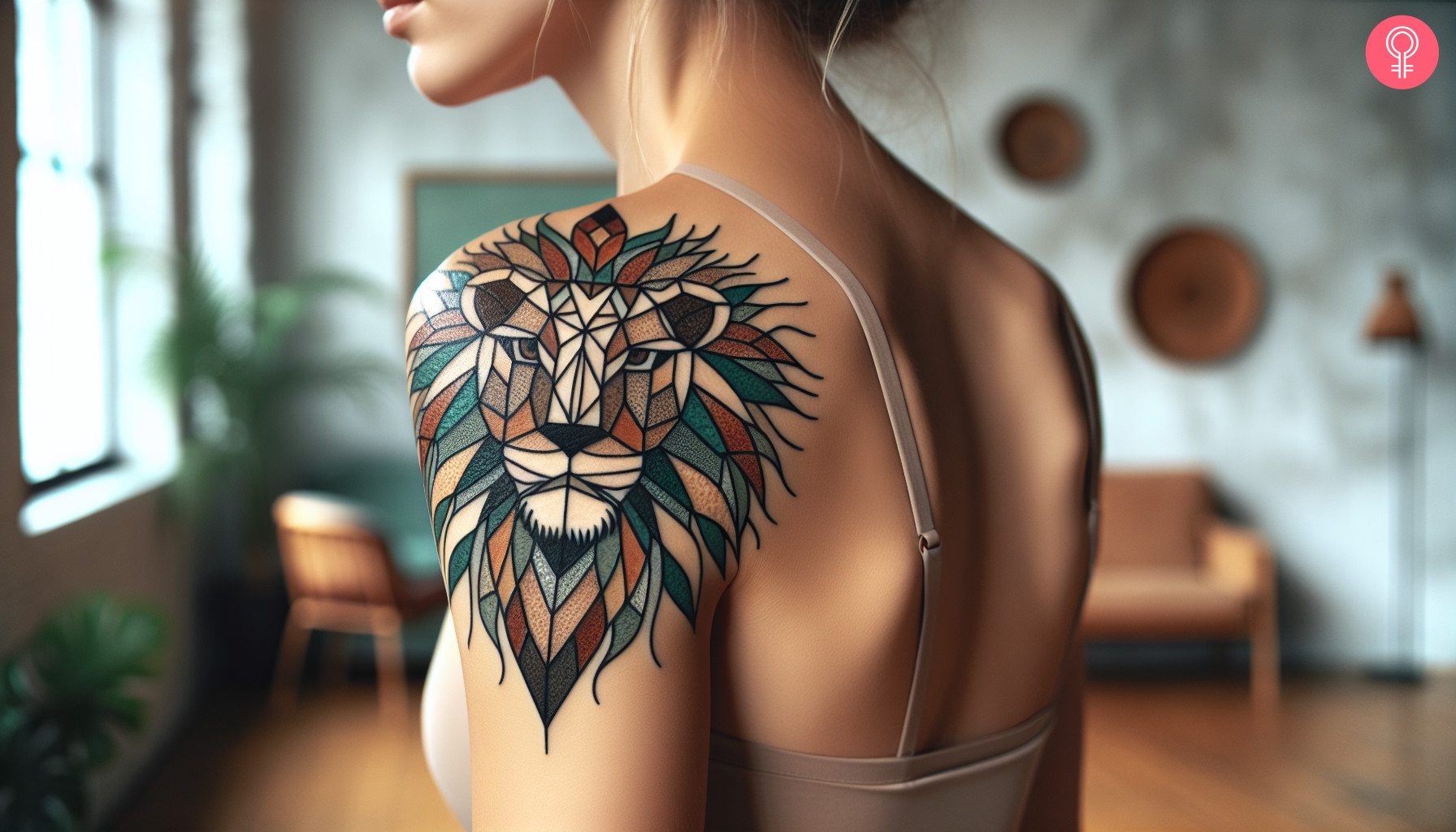 A mosaic lion tattoo on the back of the shoulder