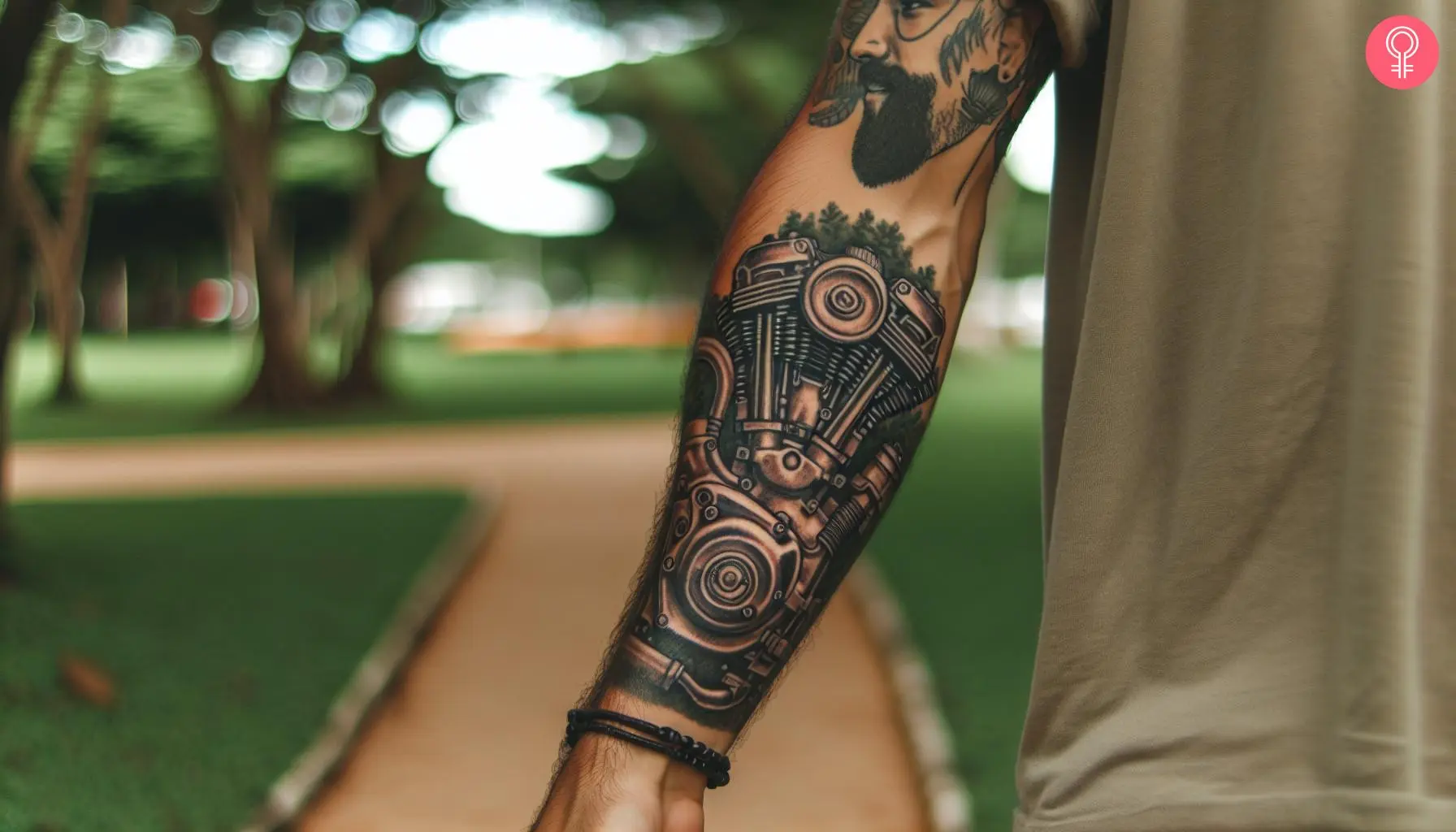 A motorcycle engine tattoo on a man’s forearm