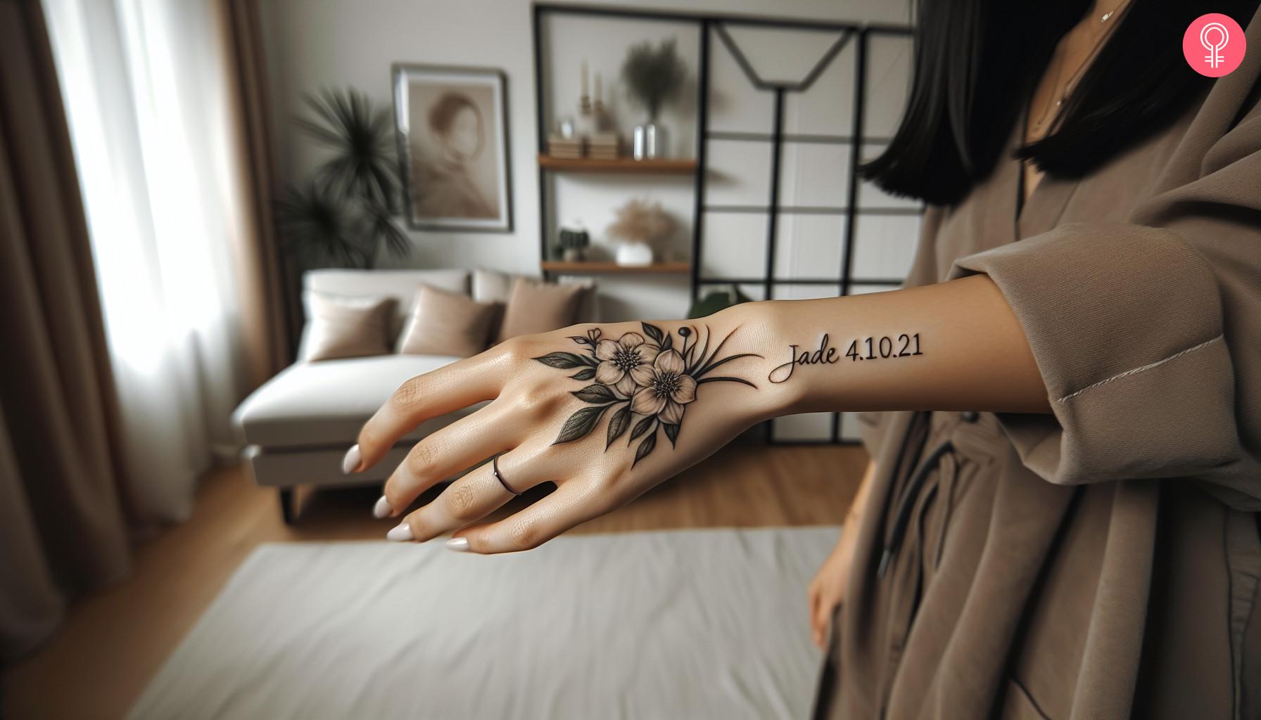 A name and date of birth tattoo on the hand