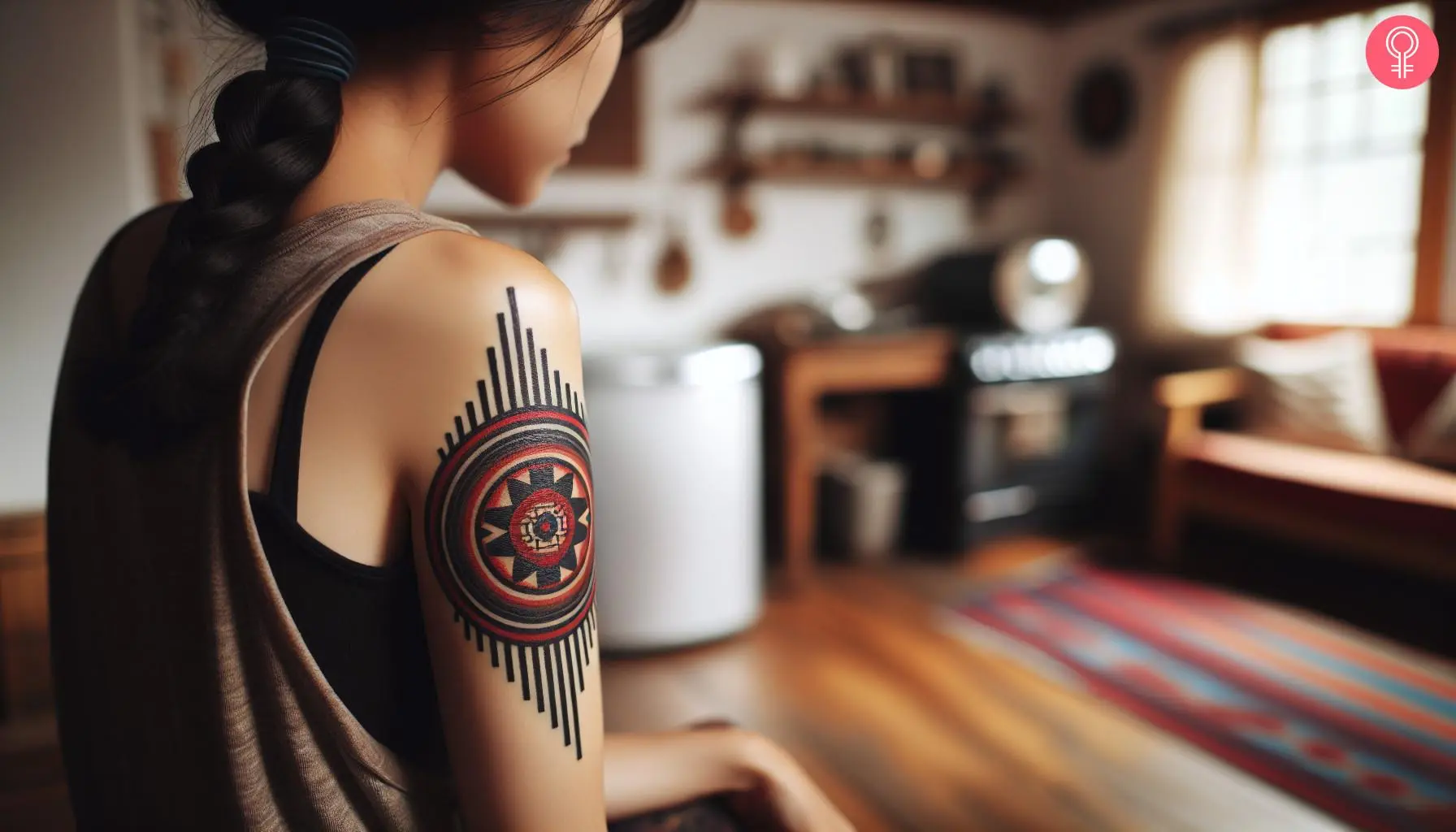 A navajo basket tattoo on the upper arm of a woman