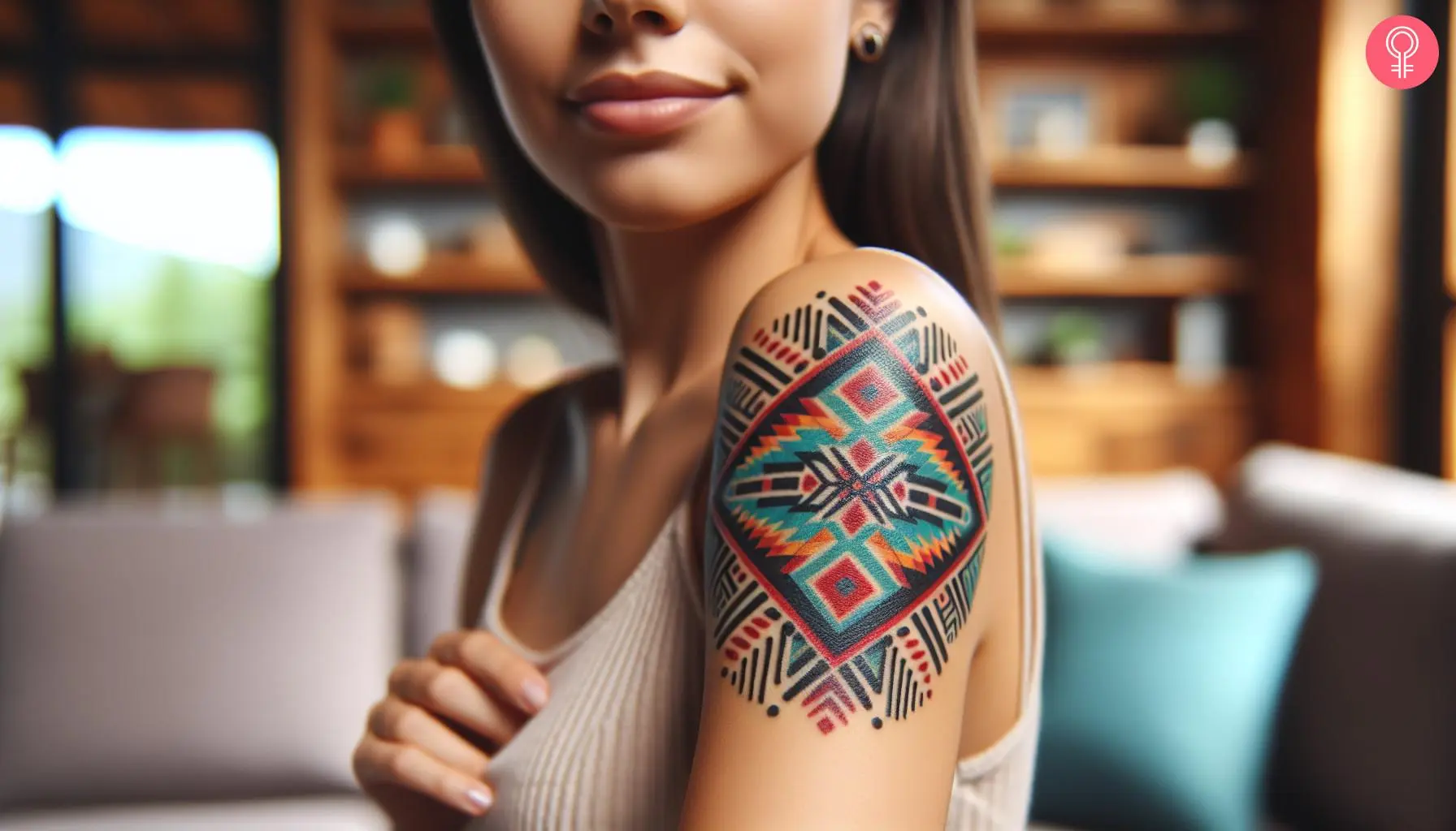 A navajo pattern tattoo on the forearm of a woman