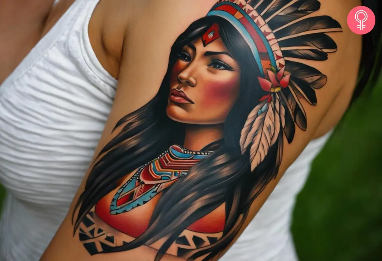 A navajo tattoo on the upper arm of a woman