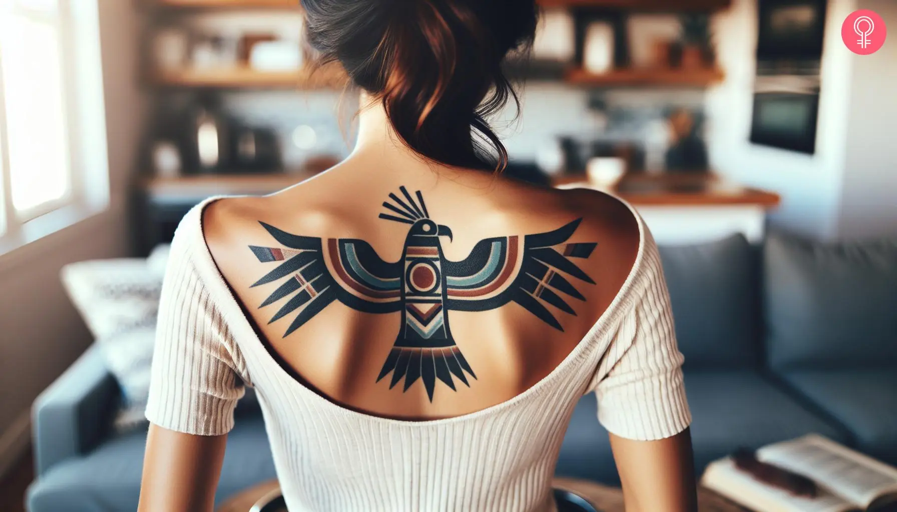 A navajo thunderbird tattoo on the upper back of a woman