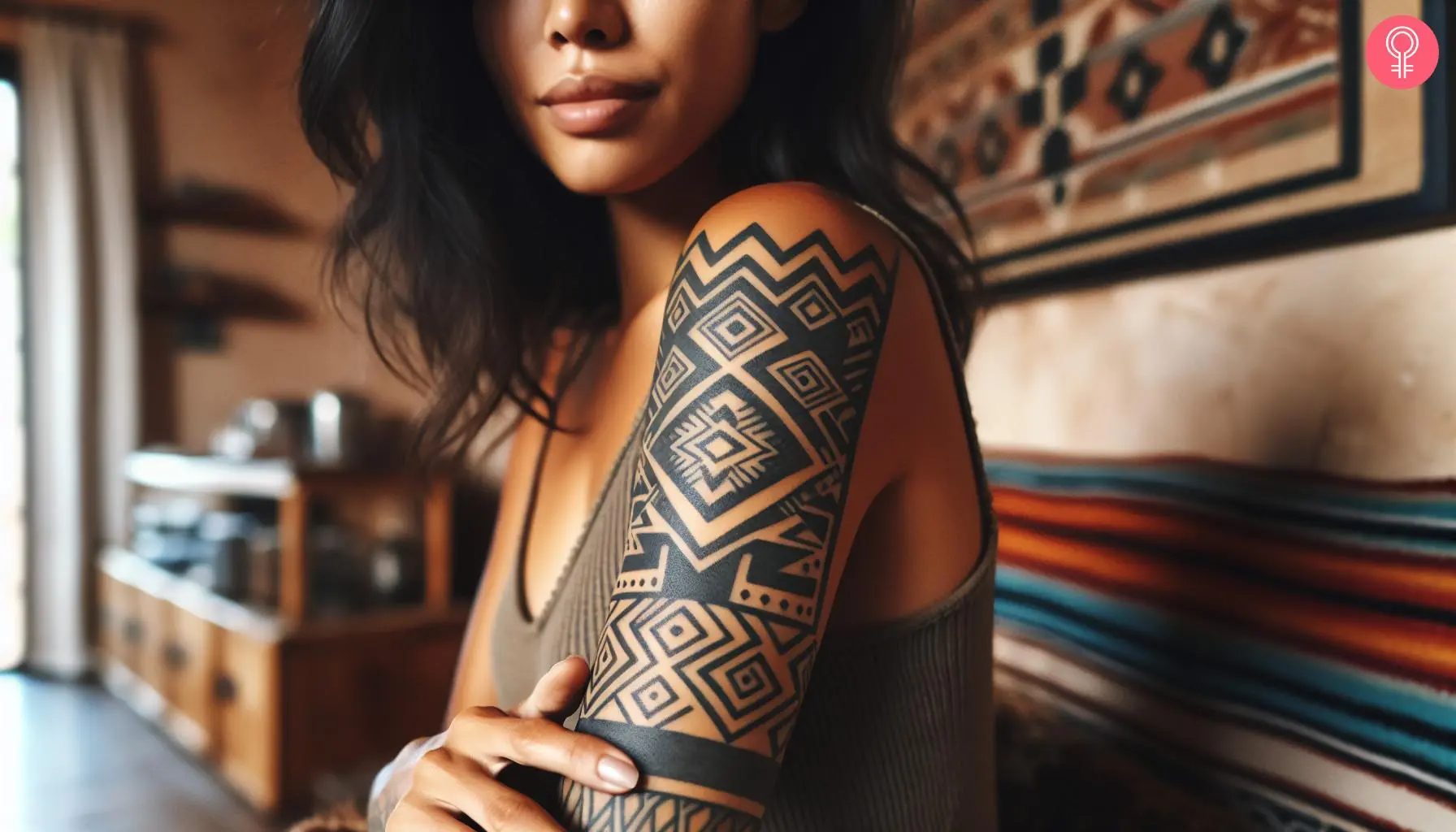 A navajo tribal tattoo on the upper arm of a woman