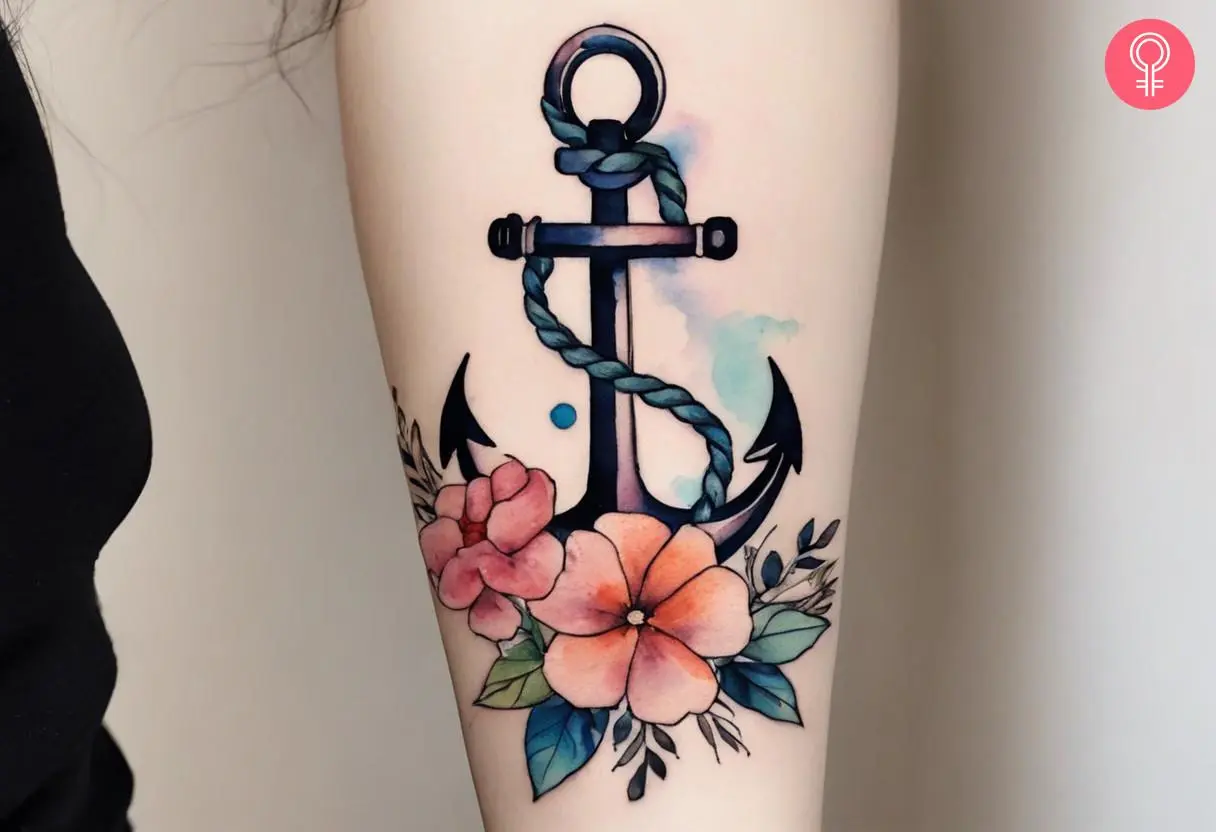 A navy tattoo on a woman’s forearm