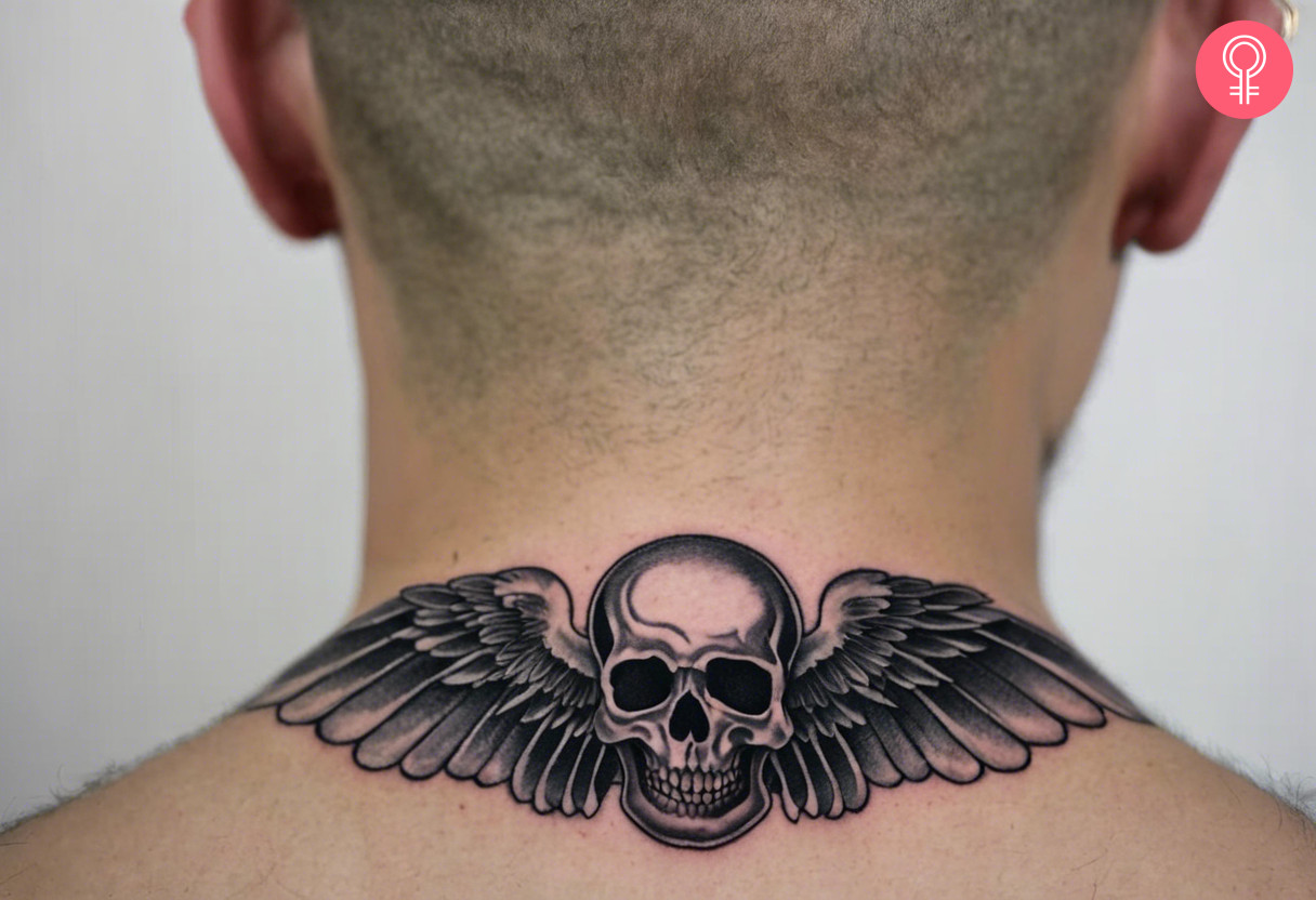 A neck wings tattoo for males on the neck