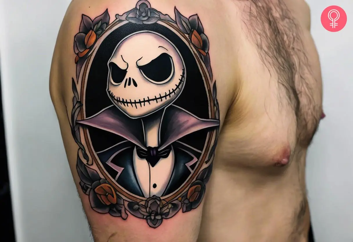 A neo traditional Jack Skellington tattoo on the upper arm