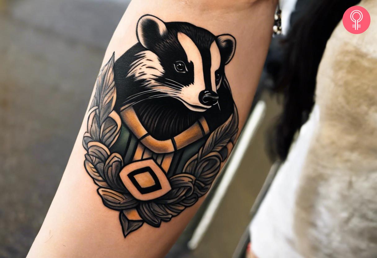 A neo-traditional badger tattoo on the forearm