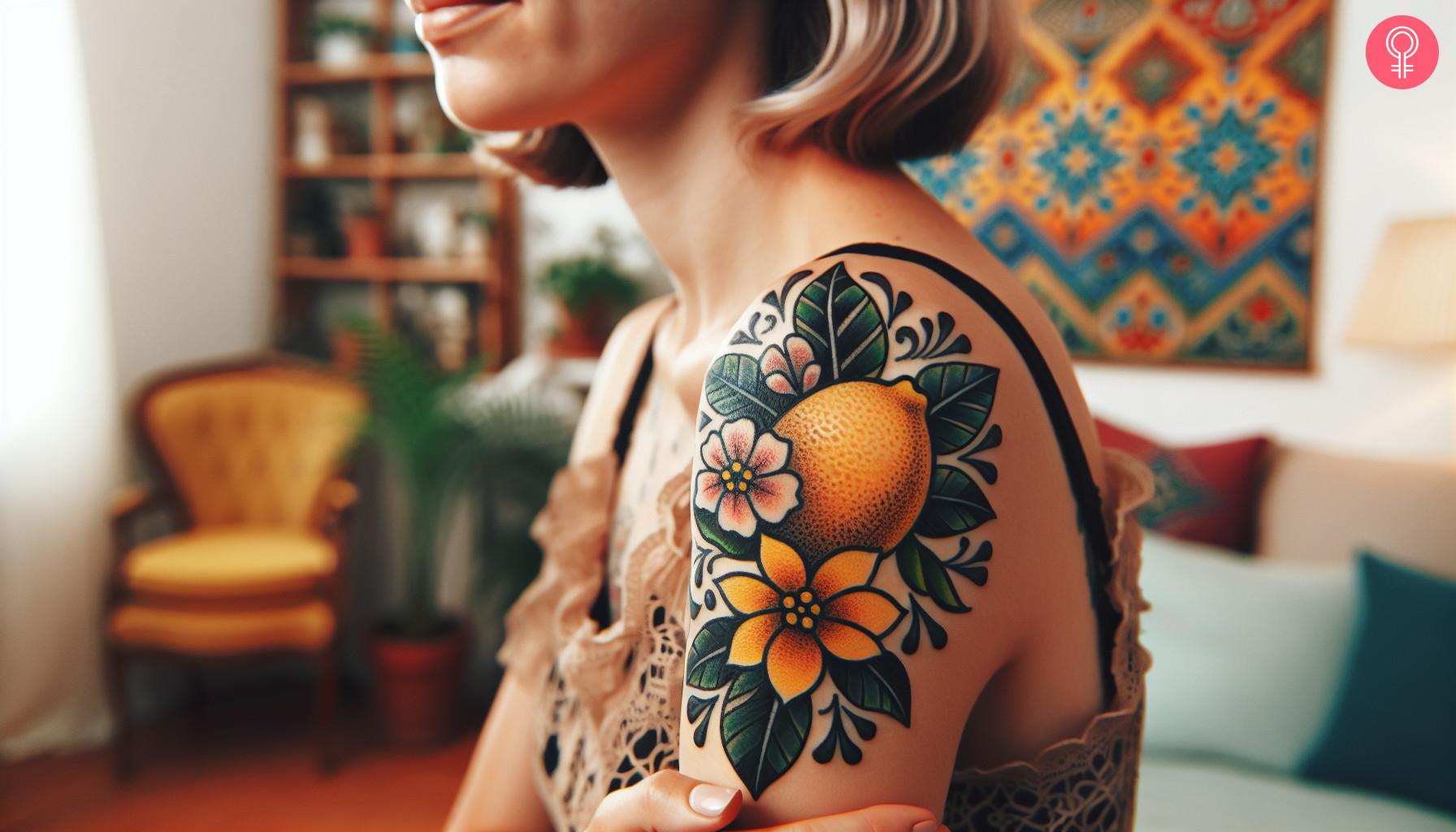 A neo-traditional lemon tattoo on the shoulder of a woman