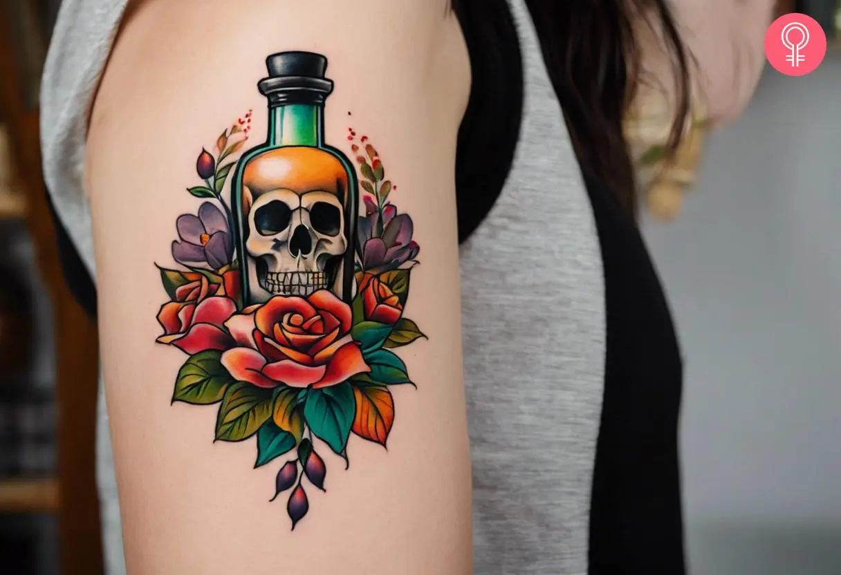 A neo-traditional poison bottle tattoo on the upper arm of a woman