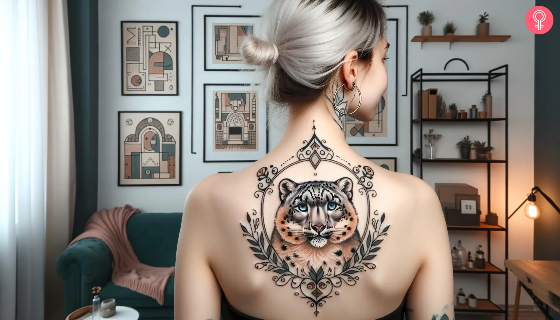 A neo-traditional snow leopard tattoo on a woman’s back