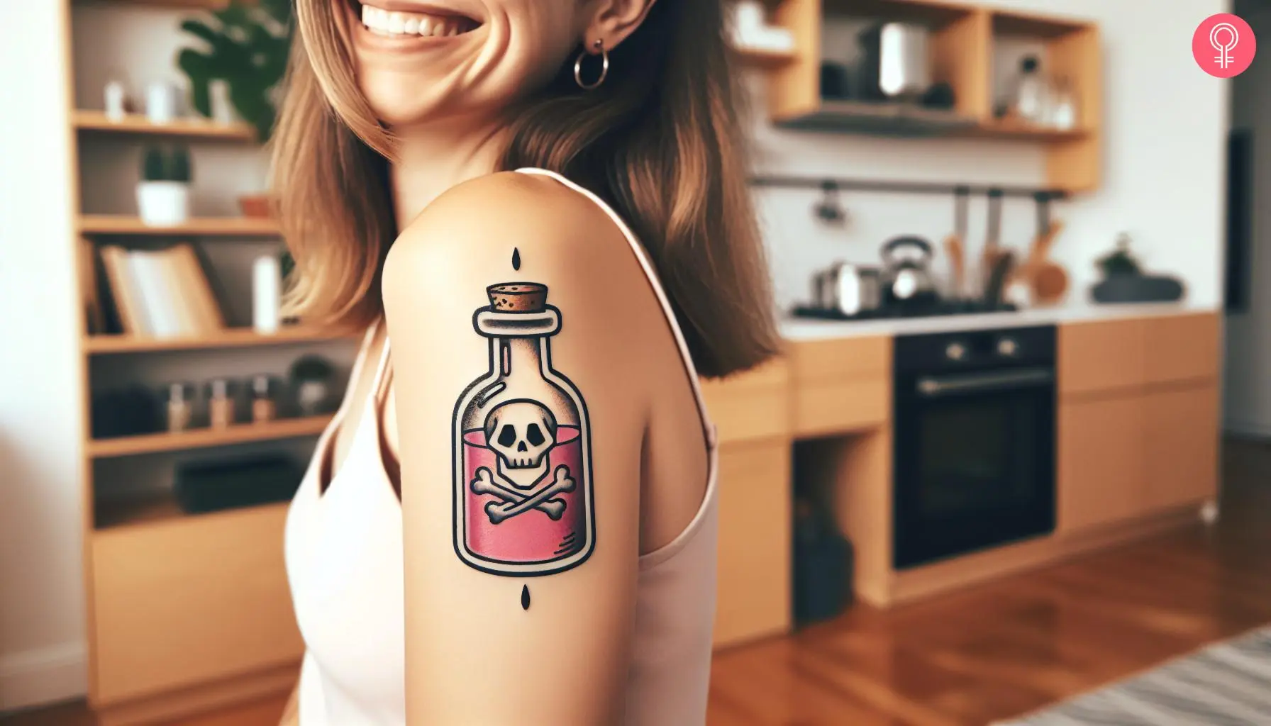 A new-school poison bottle tattoo on the upper arm of a woman