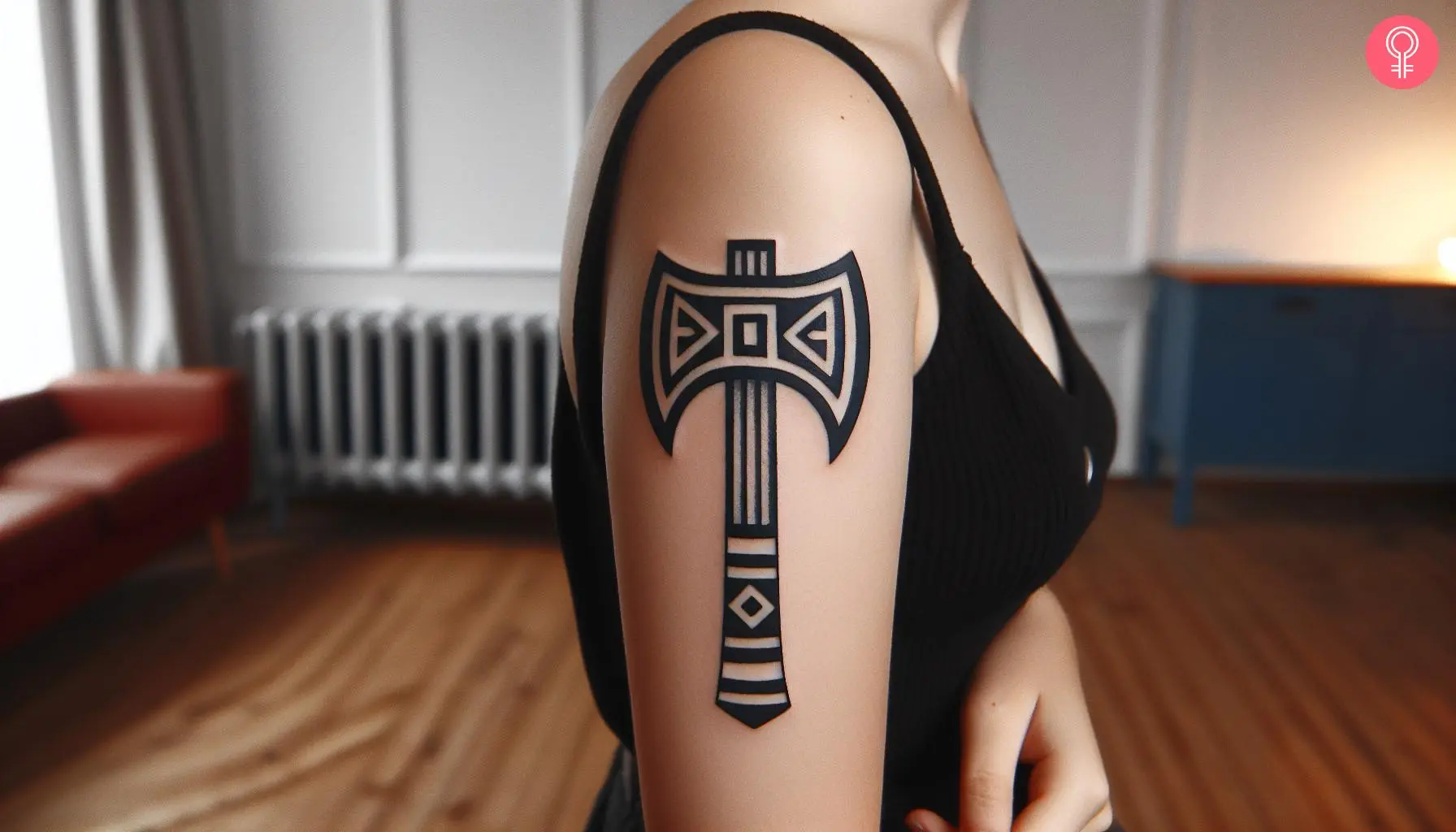 A nordic axe tattoo on a woman’s upper arm