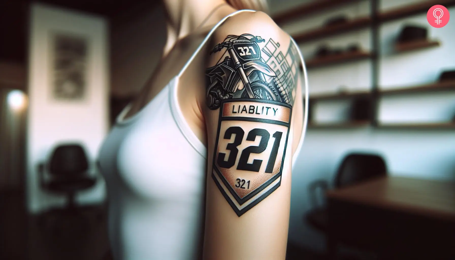 A number plate tattoo with a motocross bike on a woman’s upper arm