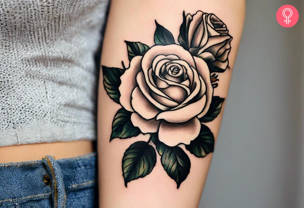 A pair of white roses tattooed on the forearm