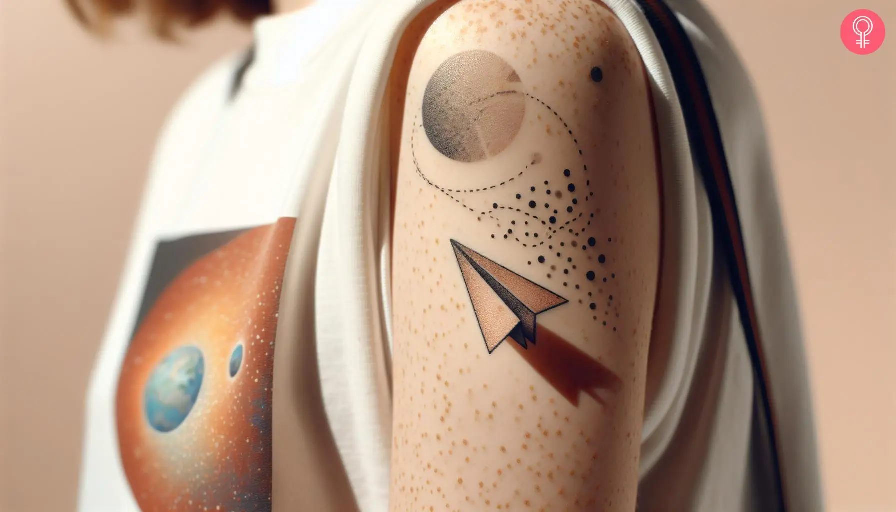 A paper airplane tattoo with a shadow on a woman’s upper arm