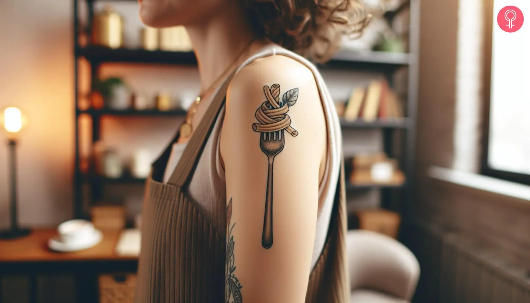 A pasta fork tattoo on a woman’s upper arm