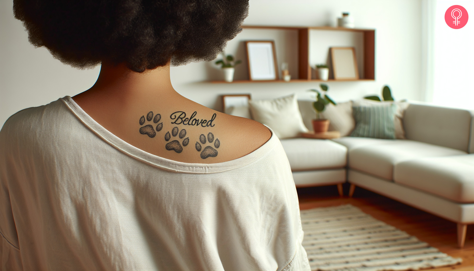 A paw print memorial tattoo on the back of a woman's shoulder