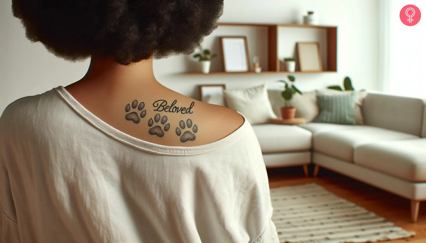 A paw print memorial tattoo on the back of the shoulder of a woman