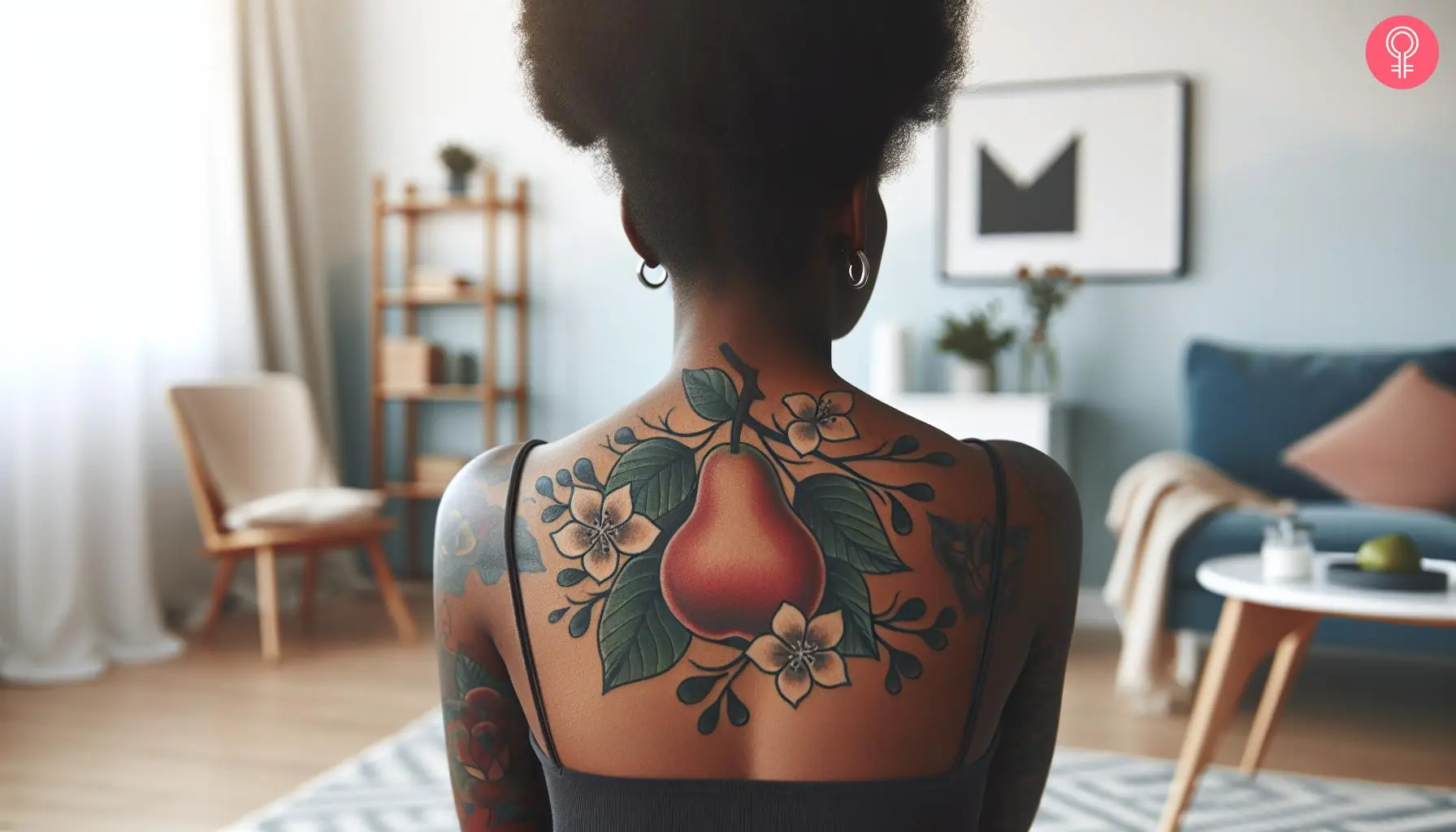 A pear blossom tattoo on a woman’s back