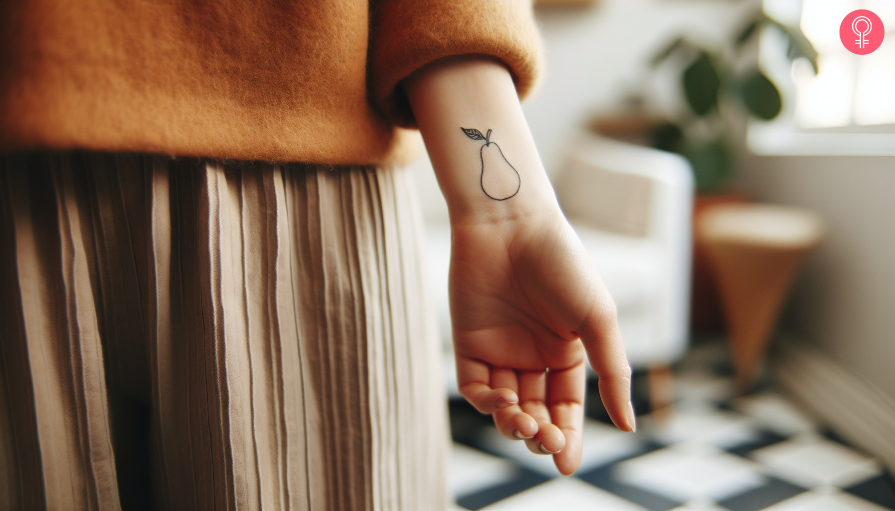 A pear tattoo on the wrist