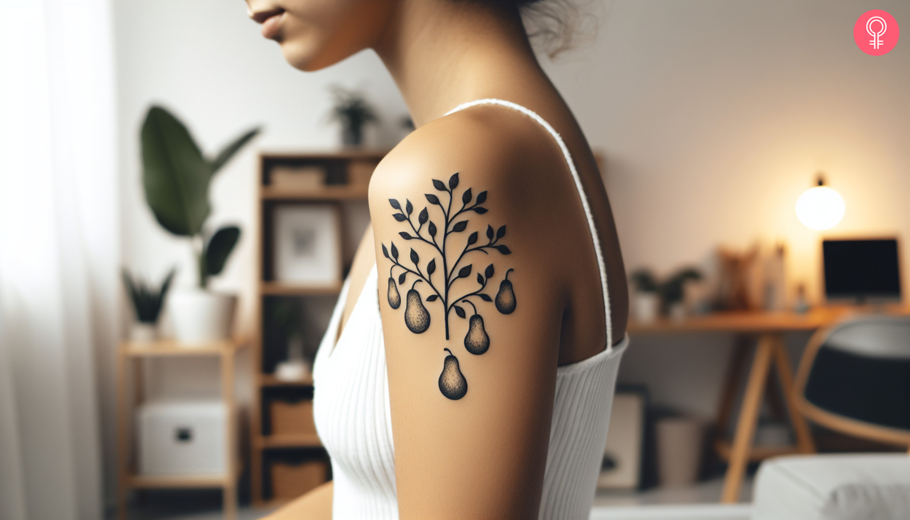 A pear tree tattoo on a woman’s upper arm