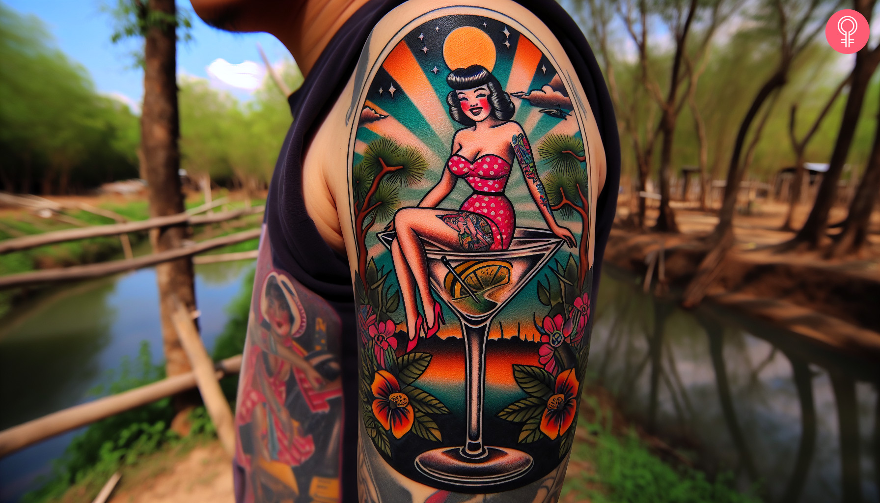 A pin-up girl in a martini glass tattoo on a man’s upper arm