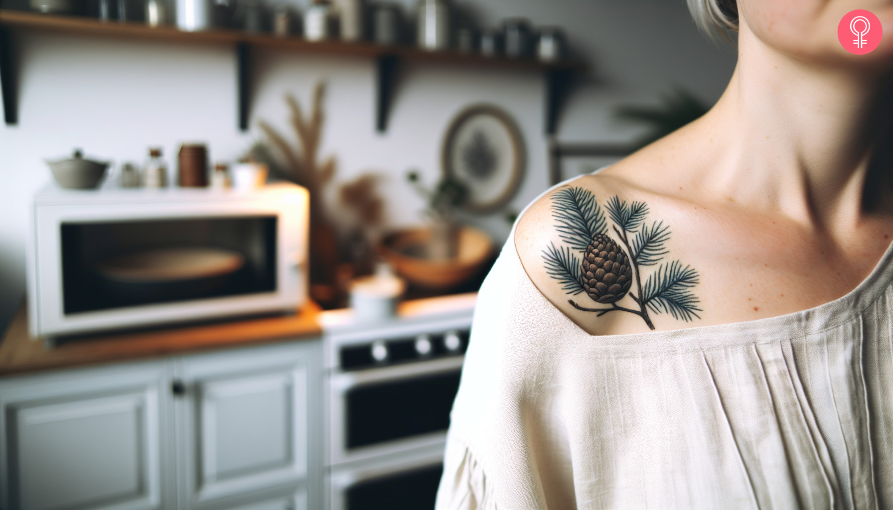 A pine tree branch tattoo on the shoulder