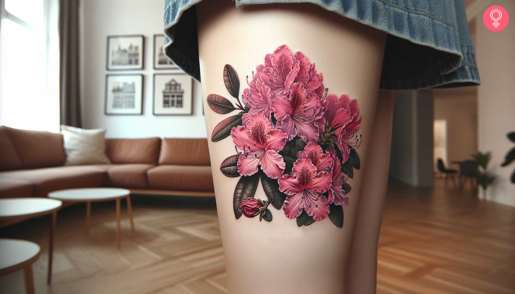 A pink rhododendron tattoo on the thigh