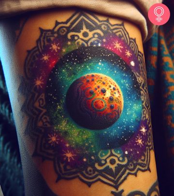 A woman with a Jupiter tattoo on her arm