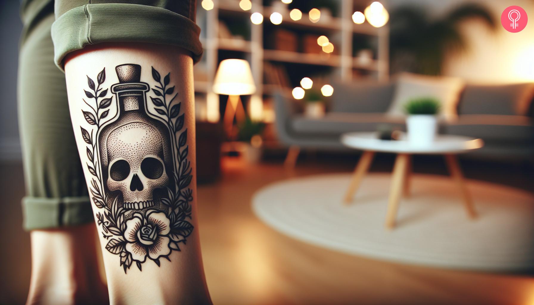 A tattoo of a poison bottle on a woman's leg