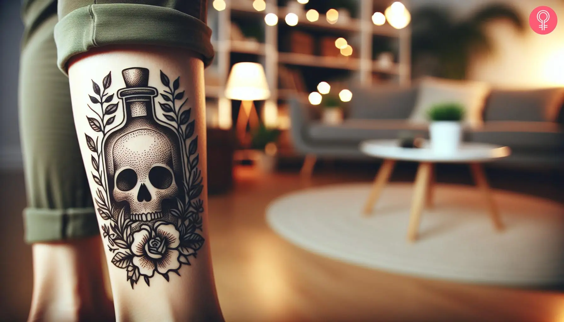 A poison bottle drawing tattoo on the leg of a woman