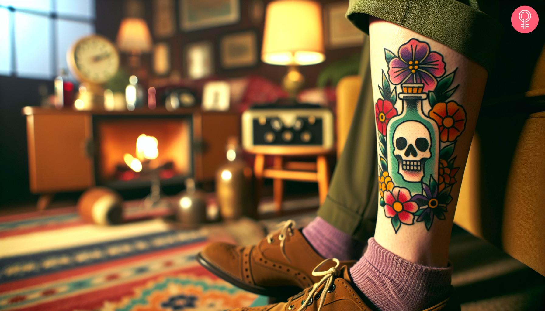 A tattoo of a poisonous bottle of flowers on a woman's leg