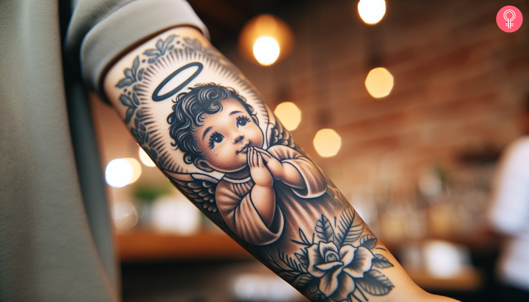 A praying baby angel tattoo on the forearm of a woman