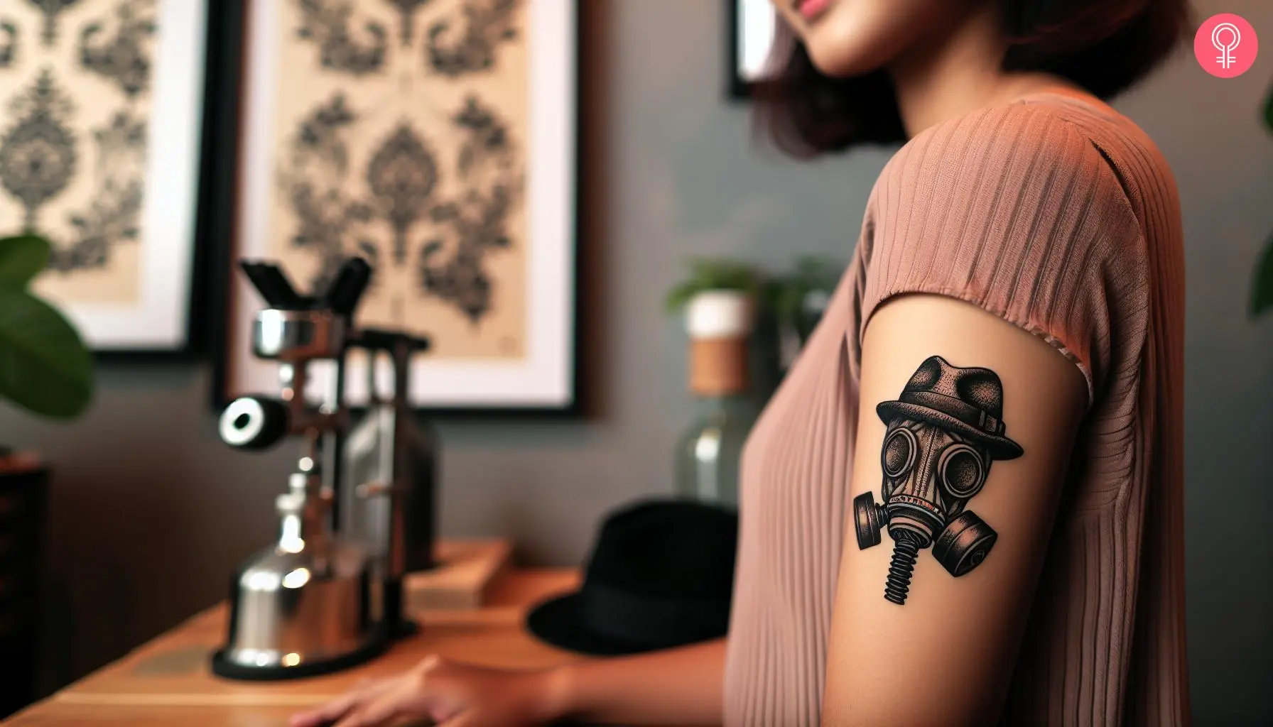 A psycho gas mask tattoo on the upper arm of a woman